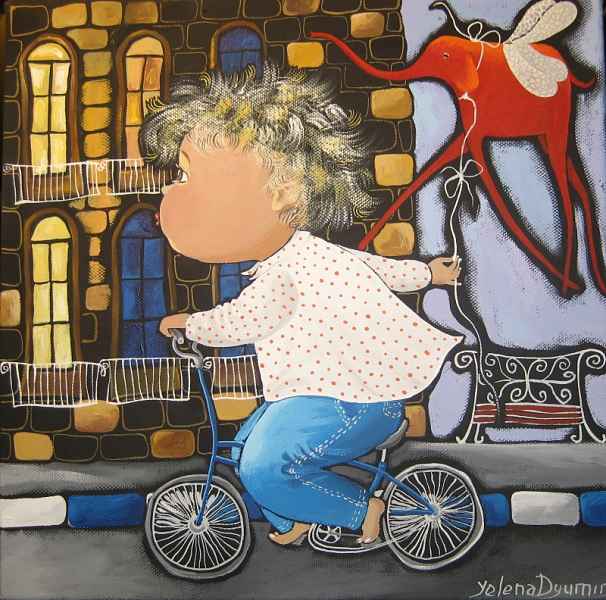 Boy on the bicycle dreams original artwork abstract art modern whimsical painting by Yelena Revis yelenaartstudio
