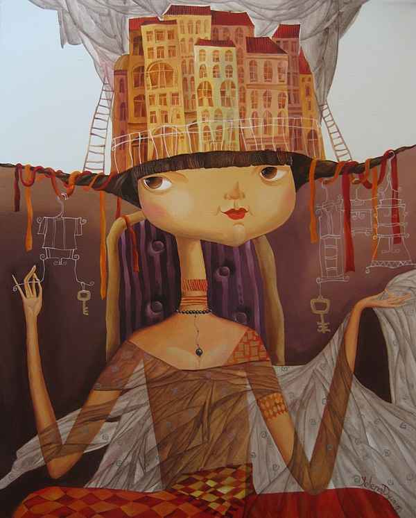 Queen of the city original artwork abstract art modern whimsical painting by Yelena Revis yelenaartstudio