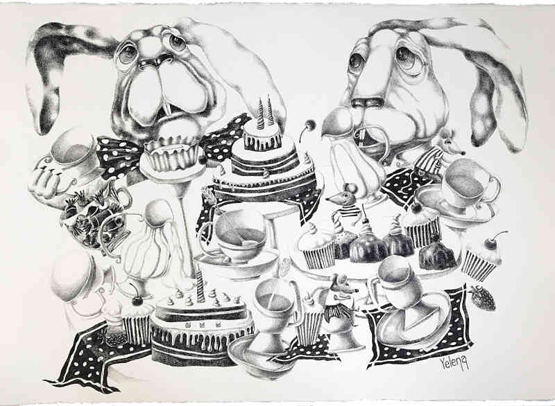 Sweet tea party art drawing pen on paper by Yelena Revis artist arte artsy