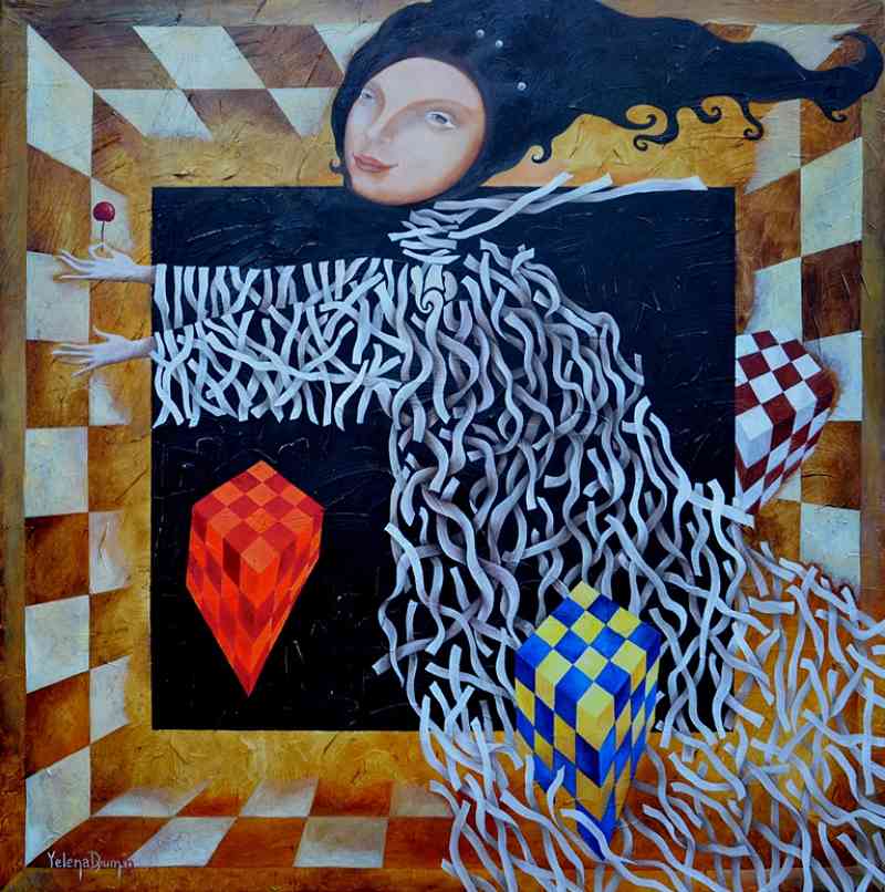 Original abstract modern whimsical oil painting by Yelena Dyumin yelenaartstudio