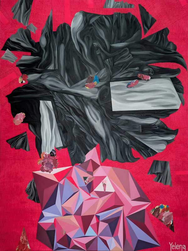 Anatomy of Chaos original contemporary painting by Yelena Revis featuring fluid black shapes and a pink geometric crystalline structure on a vibrant red background