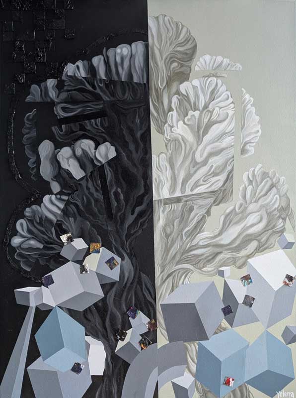 Bifurcation original contemporary painting by Yelena Revis featuring a canvas split vertically into black and light gray halves with fluid organic patterns and floating geometric cubes at the bottom.