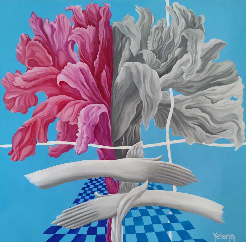 Binary Blossom original mixed media abstract surreal painting by Yelena Revis