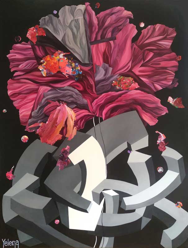 Bloom After Fracture contemporary abstract painting by Yelena Revis showing a large pink and magenta flower growing out of interlocking gray geometric shapes.