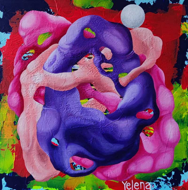 Vibrant abstract painting featuring a dynamic interplay of pink, purple, and red hues, with organic shapes and textures.