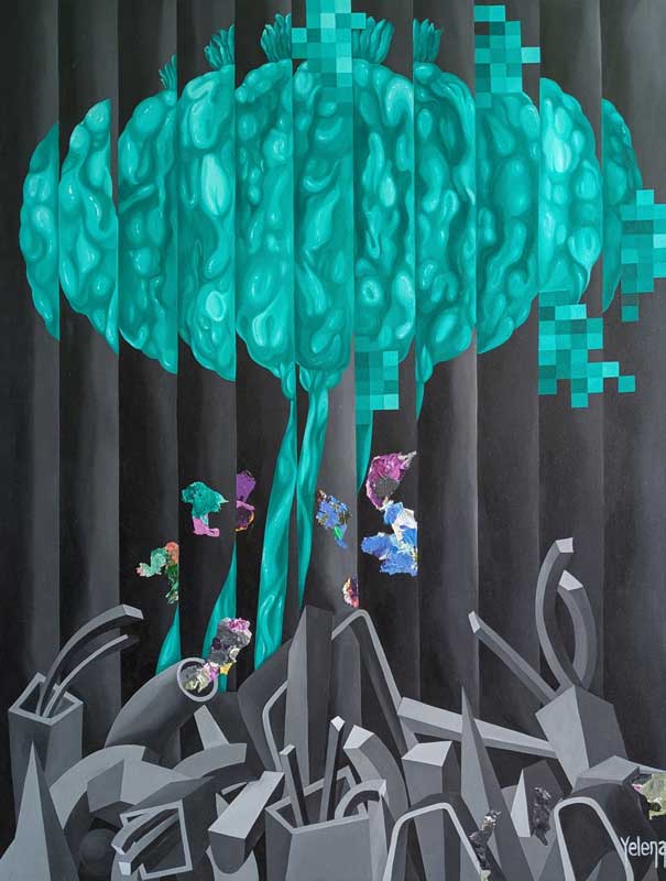 Emerald Bloom original contemporary painting by Yelena Revis featuring emerald green and teal abstract shapes contrasting with a dark gray geometric background