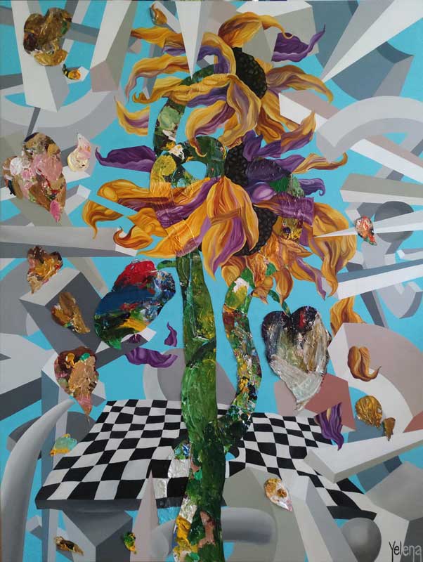 Euphoric Implosion original contemporary painting by Yelena Revis featuring a surreal yellow and purple sunflower surrounded by gray geometric shapes and a checkered floor on a blue background.
