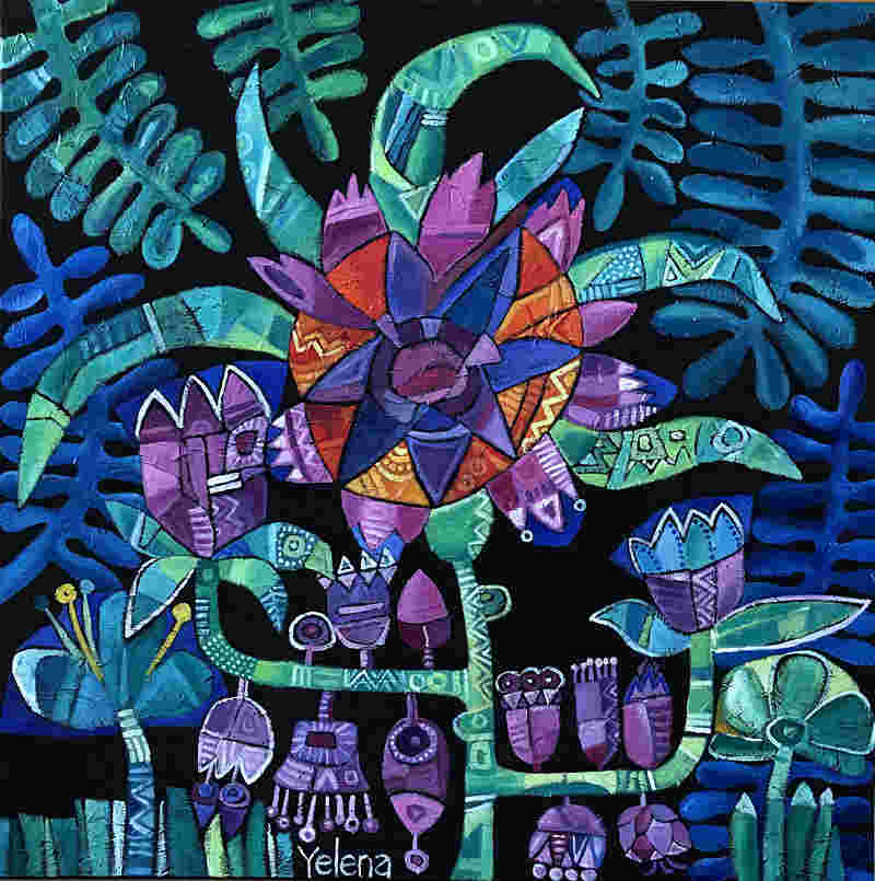 Floral night blues III original contemporary modern painting by Yelena Revis