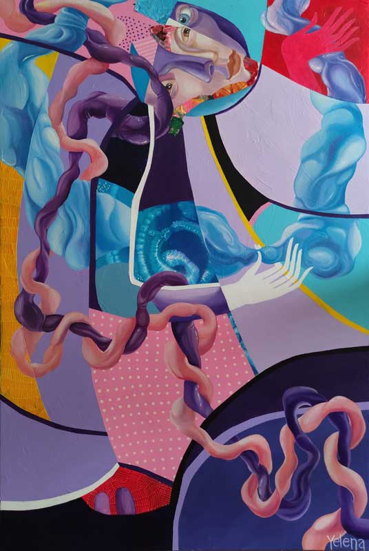 Vibrant abstract painting depicting a woman lost in thought, surrounded by swirling organic forms and a psychedelic color palette.