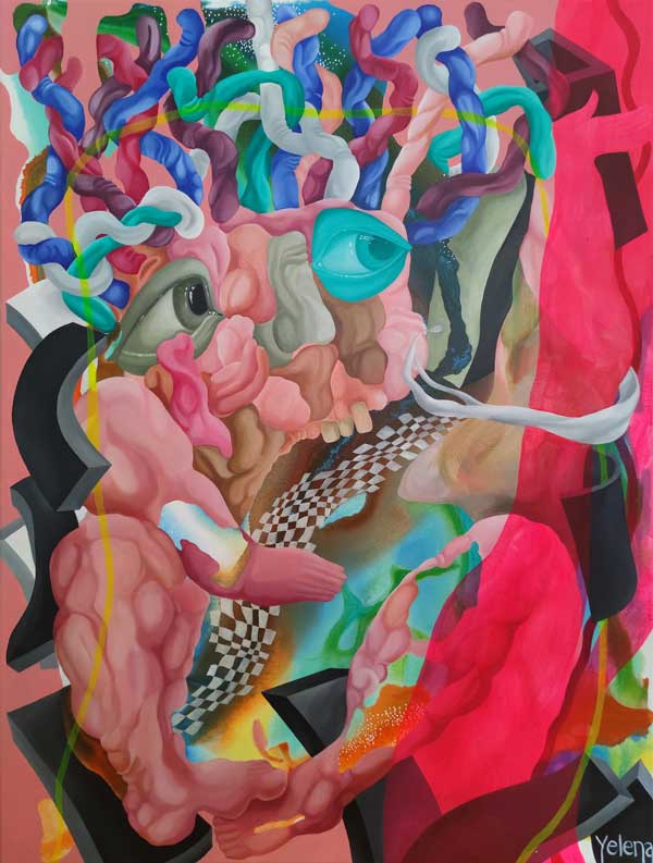 Medusa Gordon original mixed media abstract surreal painting by Yelena Revis