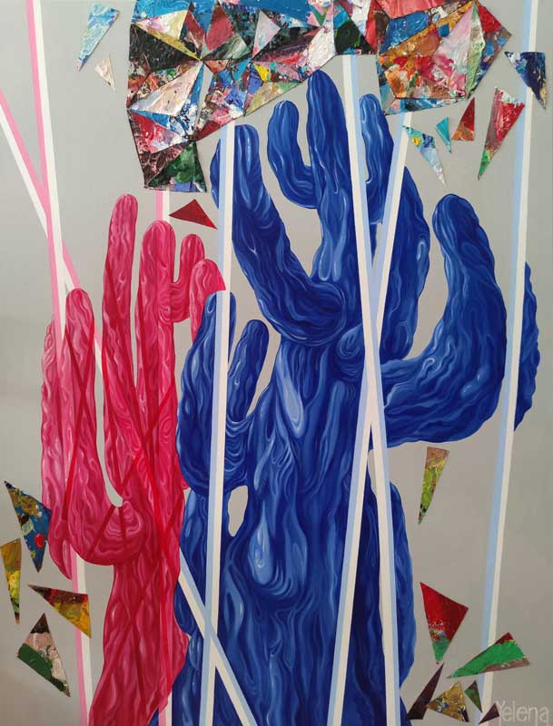 Saguaro Synthesis contemporary abstract painting by Yelena Revis displaying fluid blue and pink cactus shapes mixed with colorful geometric triangles on a light gray background.