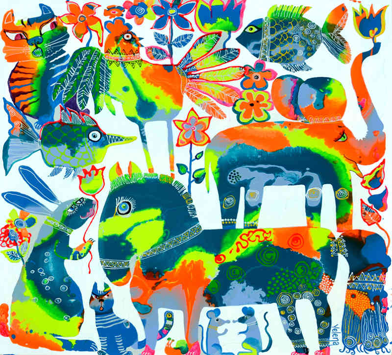 Original artwork whimsical colorful abstract art modern painting by Yelena Revis yelenaartstudio