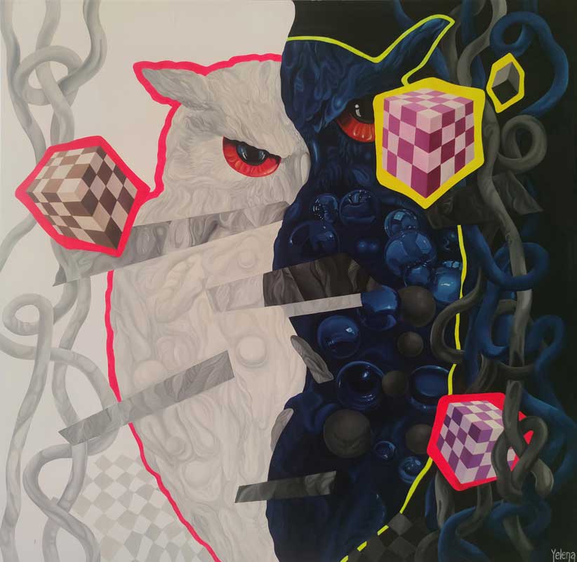 hispers of Two Worlds original mixed media abstract surreal painting by Yelena Revis